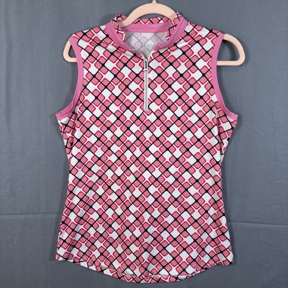 Tail Golf Sleeveless Shirt Womens Sz M Pink Geometric 1/4 Zip UPF 50+ Stretch